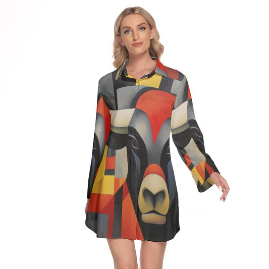 All-Over Print Women's Lapel Shirt Dress With Long Sleeve