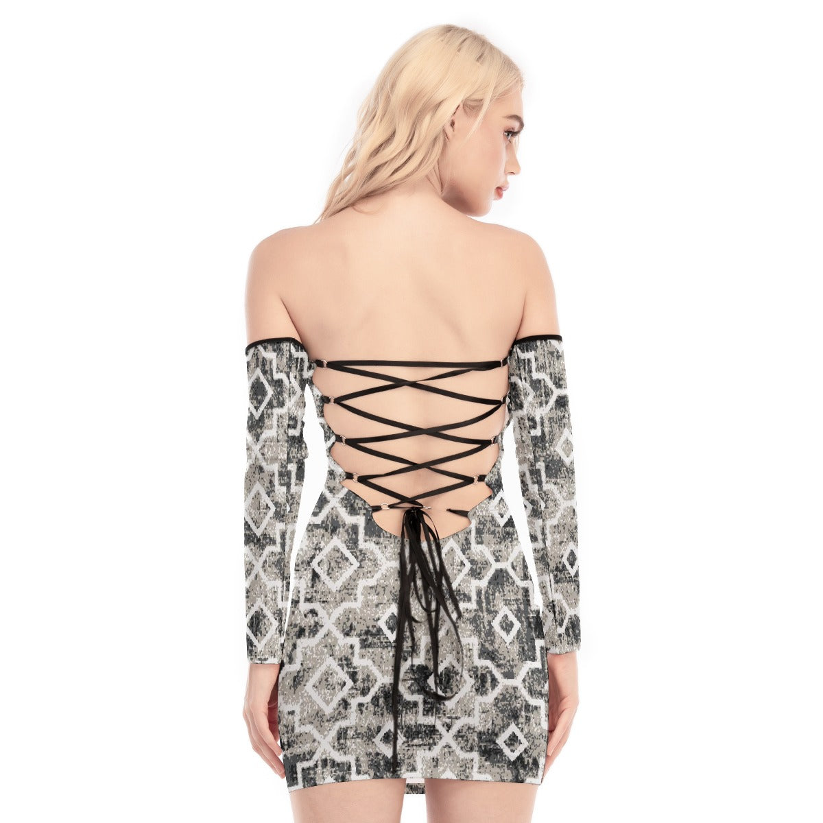 All-Over Print Women's Off-shoulder Back Lace-up Dress