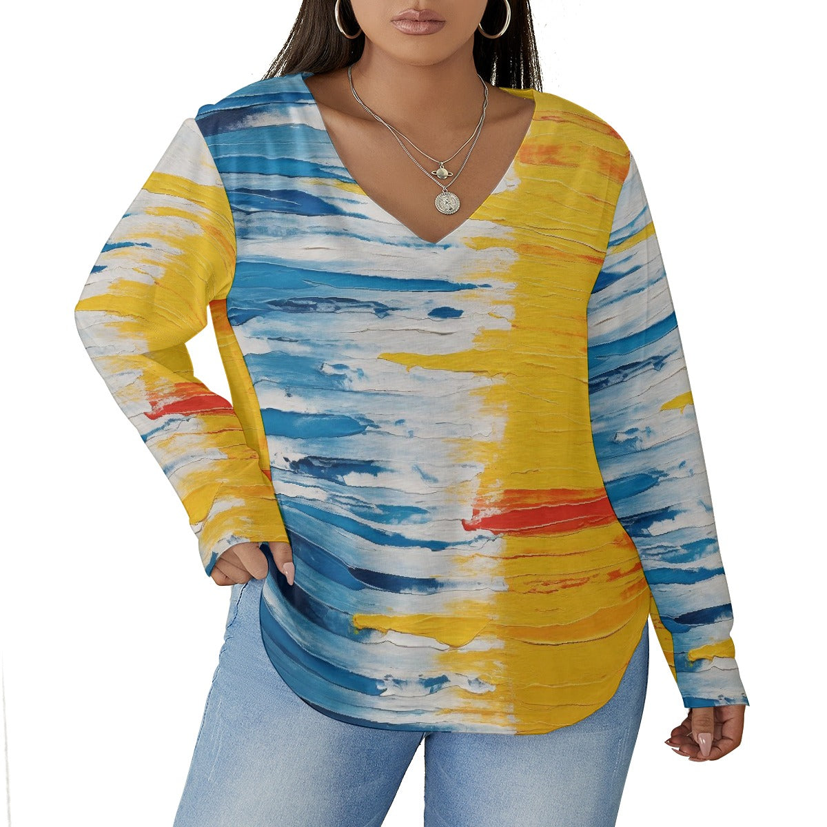 All-Over Print Women's V-neck T-shirt With Curved Hem(Plus Size)