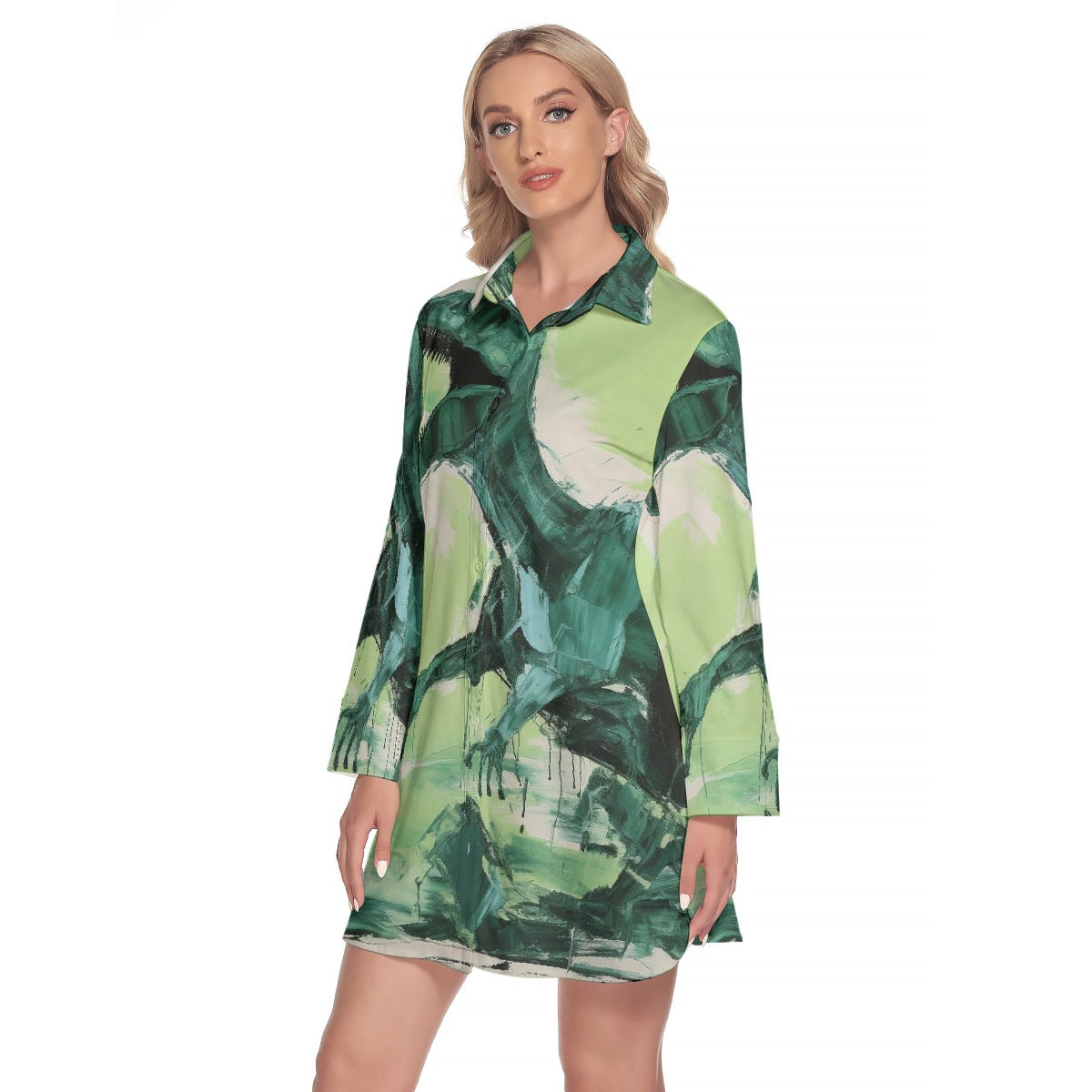 All-Over Print Women's Lapel Shirt Dress With Long Sleeve