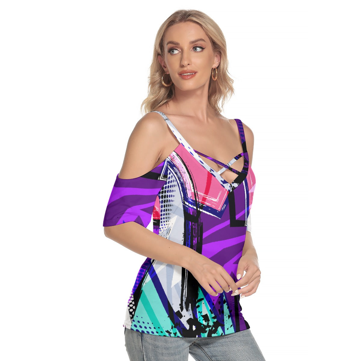 All-Over Print Women's Cold Shoulder T-shirt With Criss Cross Strips