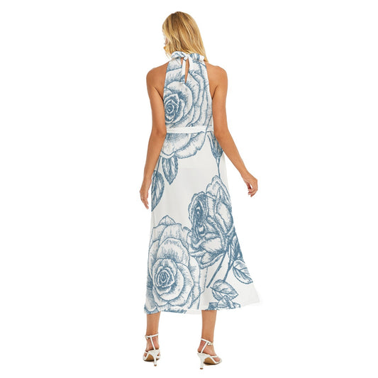 All-Over Print Women's Wrap Hem Belted Halter Dress