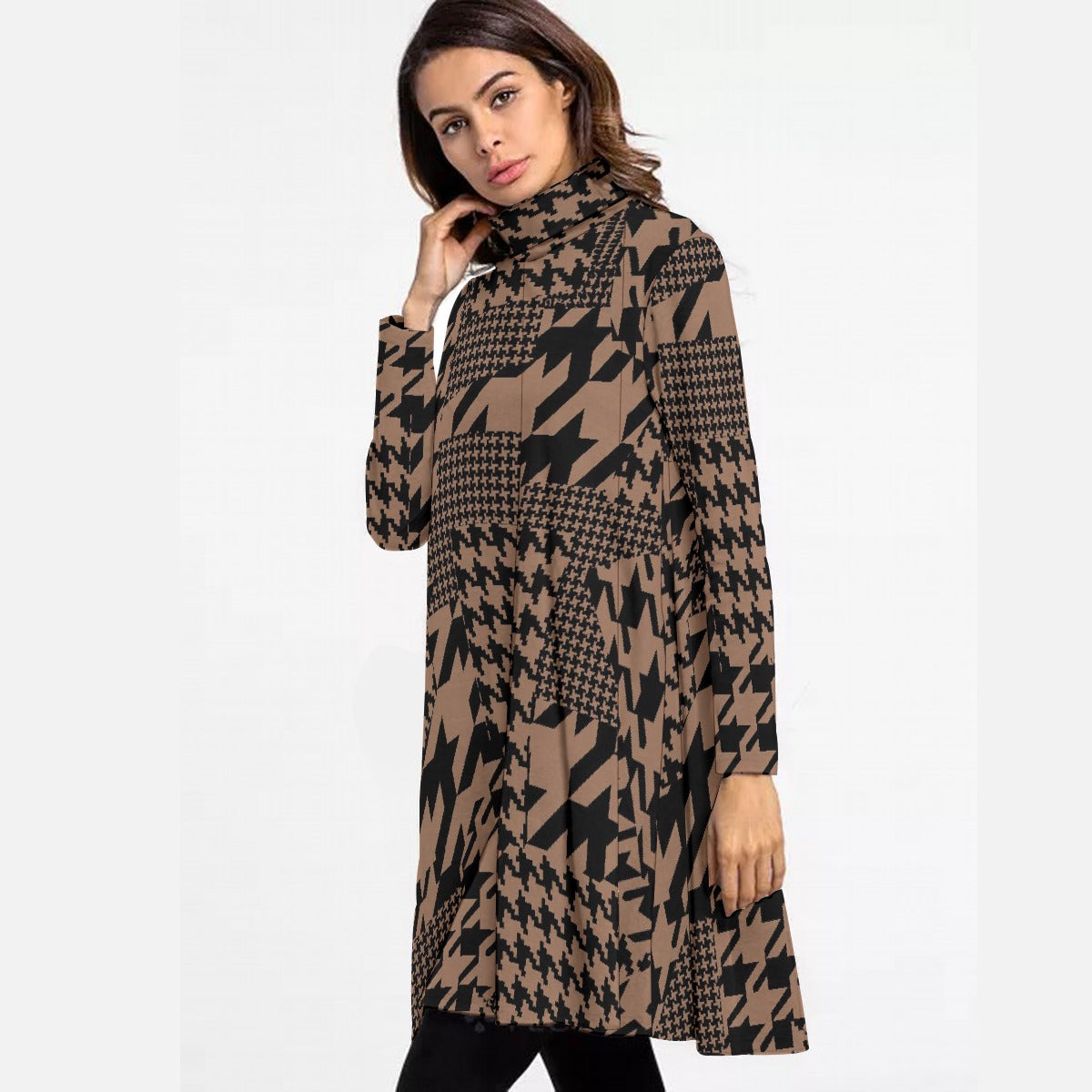 All-Over Print Women's High Neck Dress With Long Sleeve