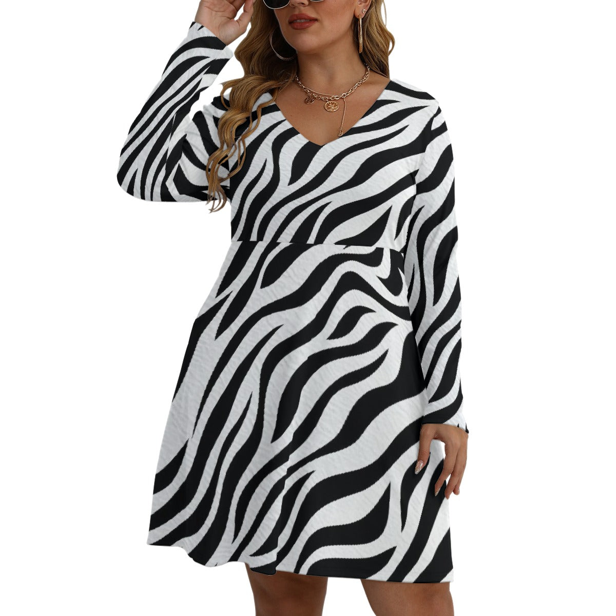 All-Over Print Women's V-neck Long Sleeve Dress(Plus Size)