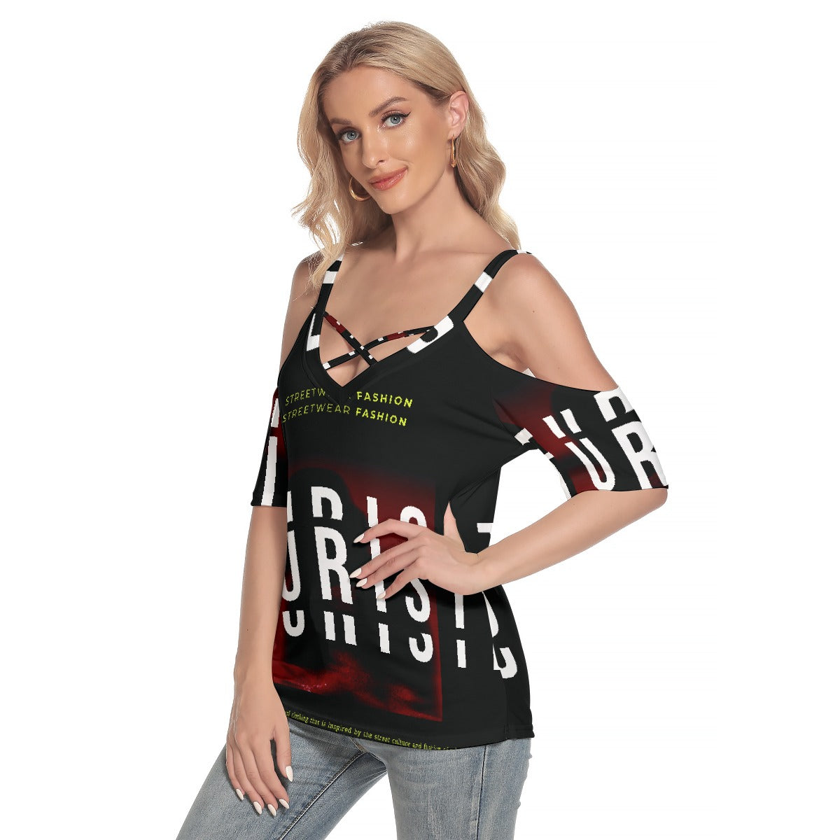 All-Over Print Women's Cold Shoulder T-shirt With Criss Cross Strips