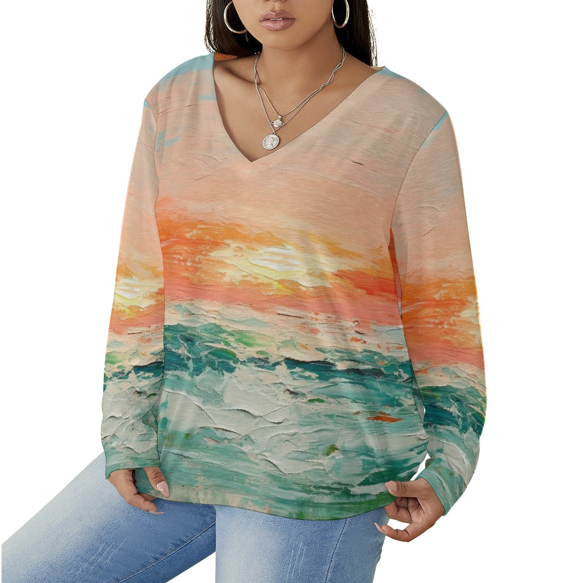 All-Over Print Women's V-neck T-shirt With Curved Hem(Plus Size)