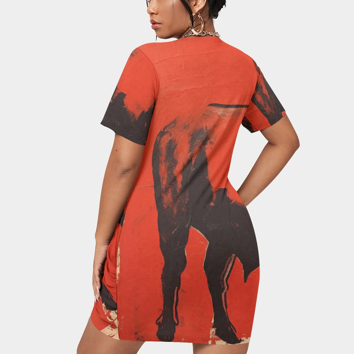 All-Over Print Women’s Stacked Hem Dress With Short Sleeve（Plus Size）