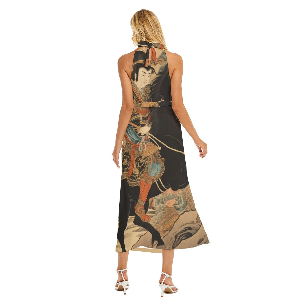 All-Over Print Women's Wrap Hem Belted Halter Dress