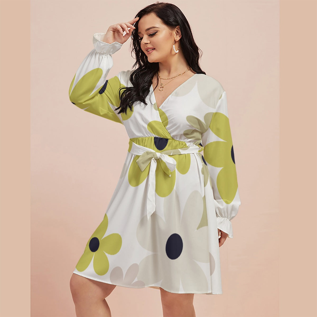 All-Over Print Women's V-neck Dress With Waistband(Plus Size)