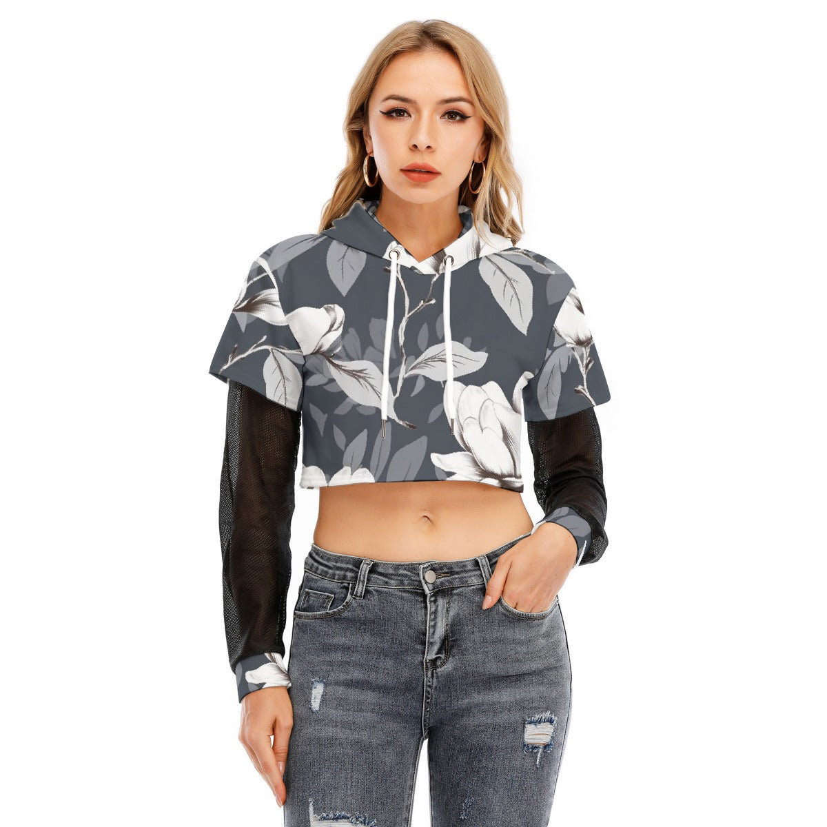 All-Over Print Women's Fake Two-piece Mesh Sleeve Cropped Hoodie