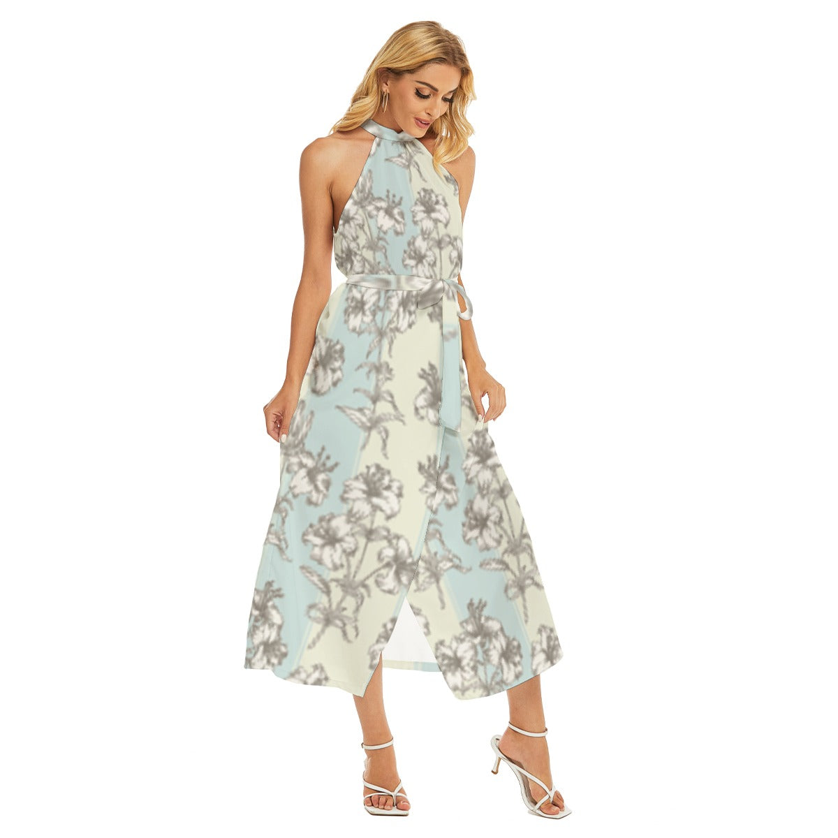 All-Over Print Women's Wrap Hem Belted Halter Dress