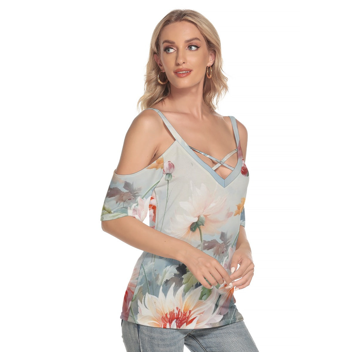 All-Over Print Women's Cold Shoulder T-shirt With Criss Cross Strips