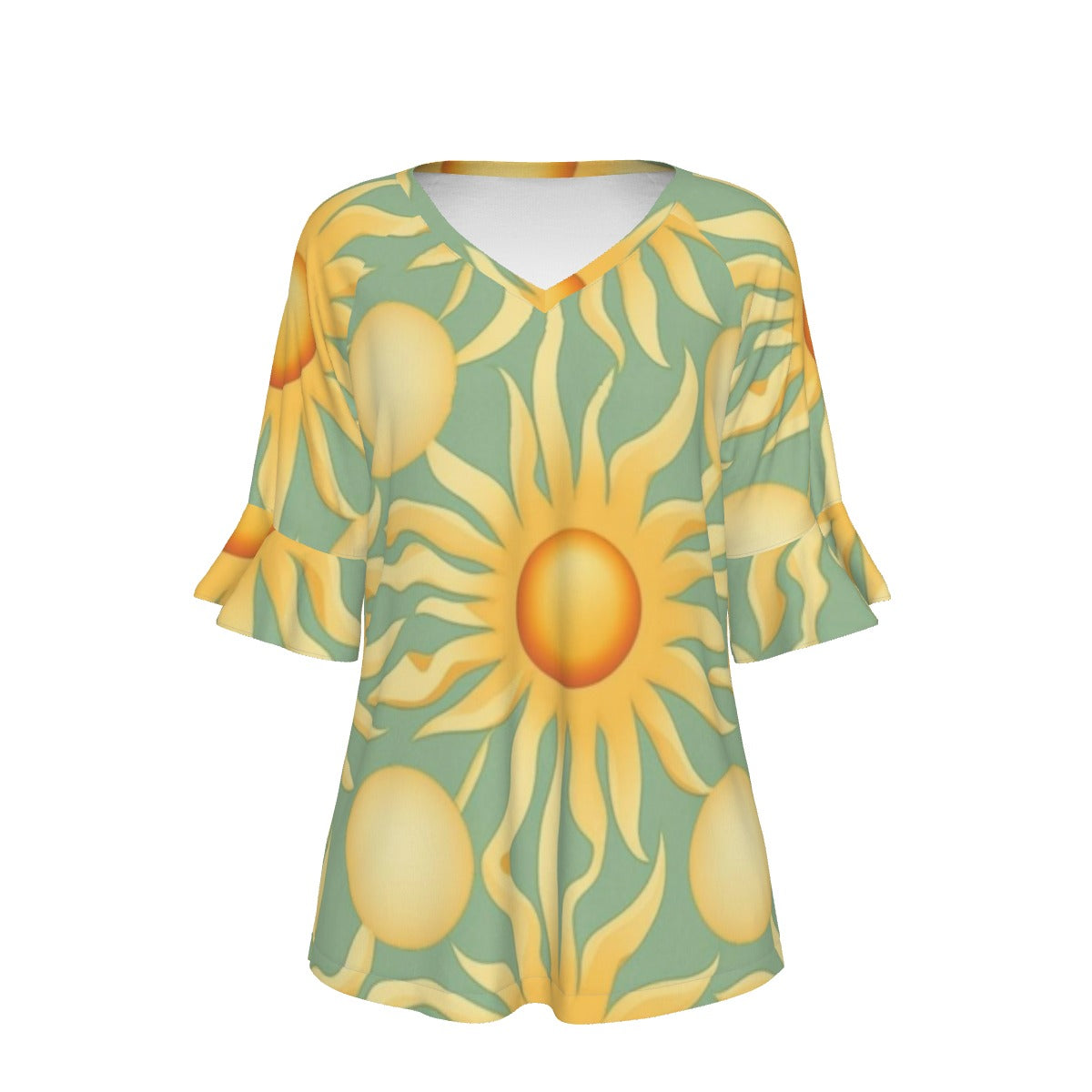 All-Over Print V-neck Women's T-shirt With Bell Sleeve