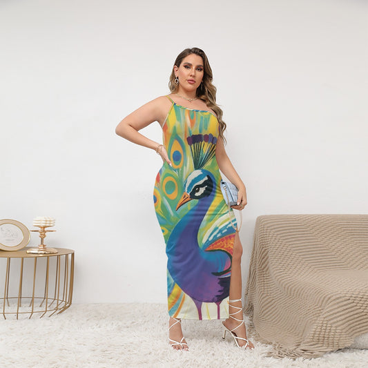 All-Over Print Women's Oblique-Shoulder Exposure Dress With Side Split (Plus Size)