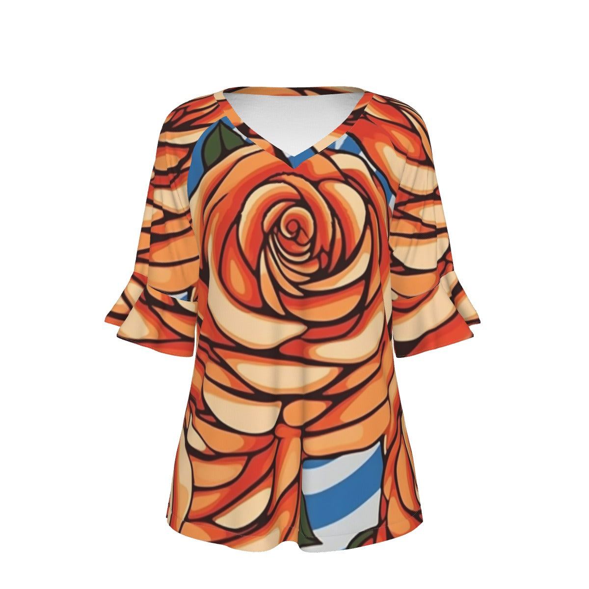 All-Over Print V-neck Women's T-shirt With Bell Sleeve