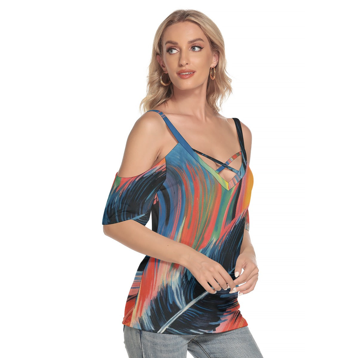 All-Over Print Women's Cold Shoulder T-shirt With Criss Cross Strips