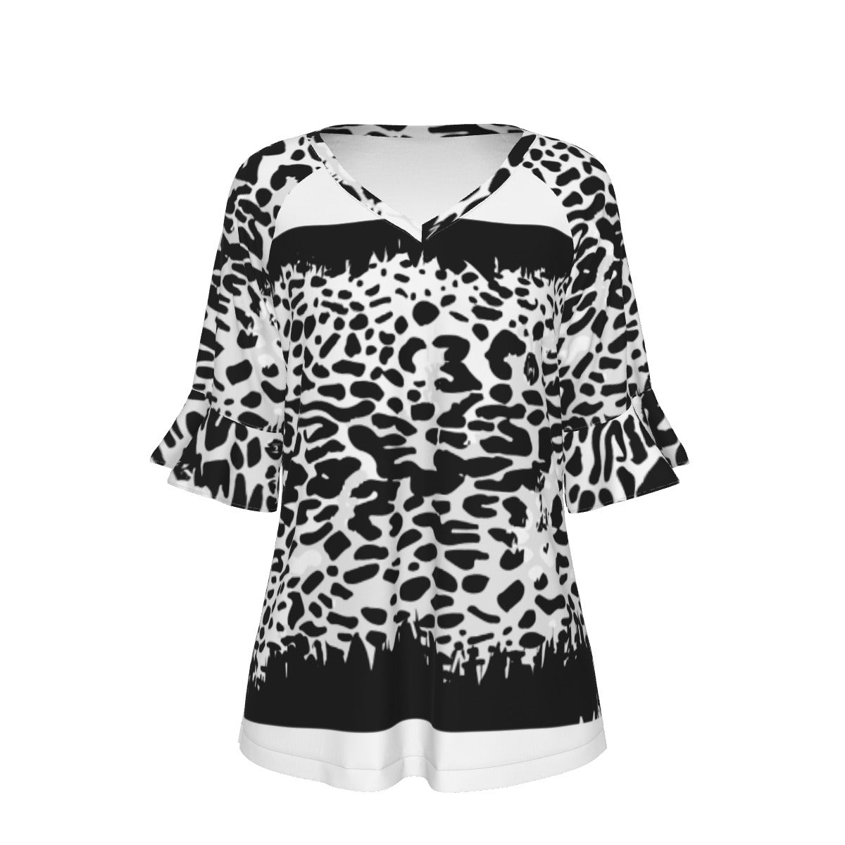 All-Over Print V-neck Women's T-shirt With Bell Sleeve