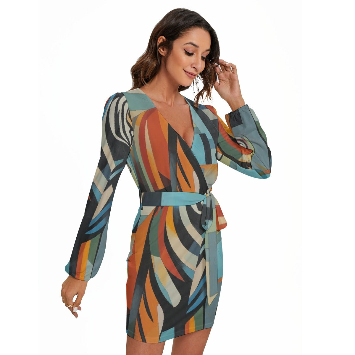 All-Over Print Women's Long Sleeve Dress With Waist Belt