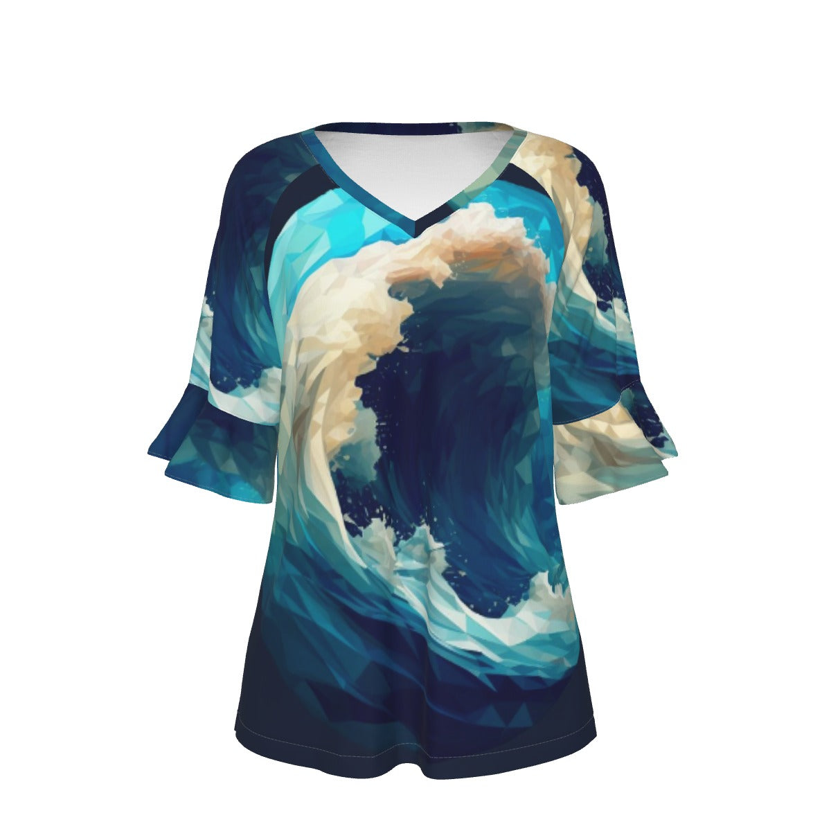 All-Over Print V-neck Women's T-shirt With Bell Sleeve