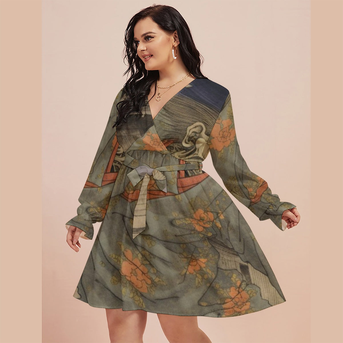 All-Over Print Women's V-neck Dress With Waistband(Plus Size)