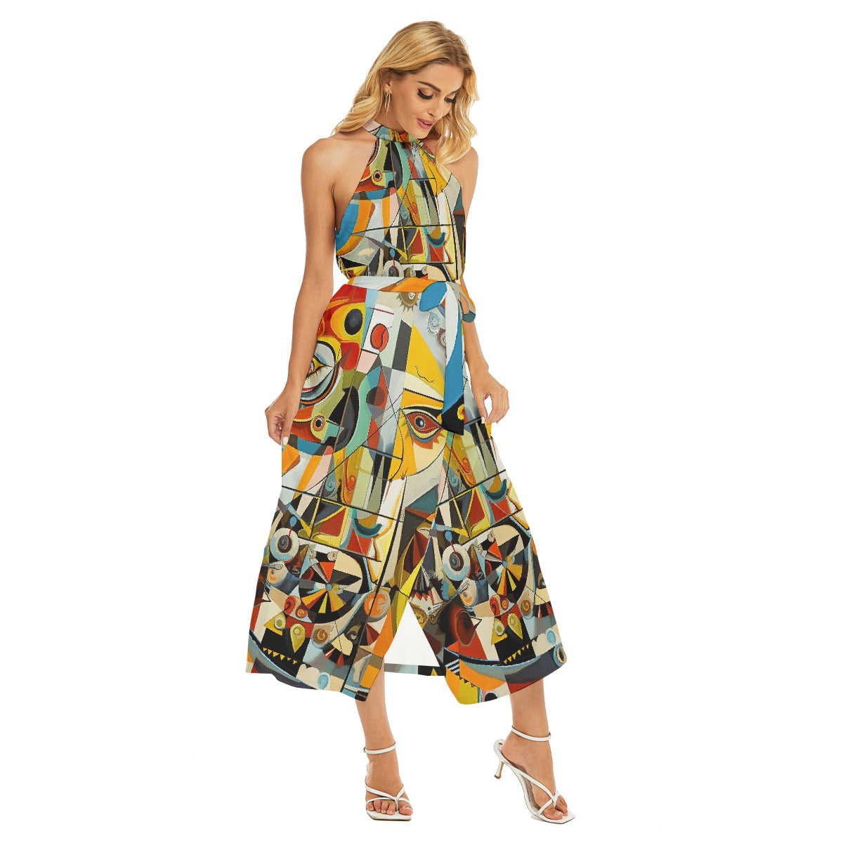 All-Over Print Women's Wrap Hem Belted Halter Dress