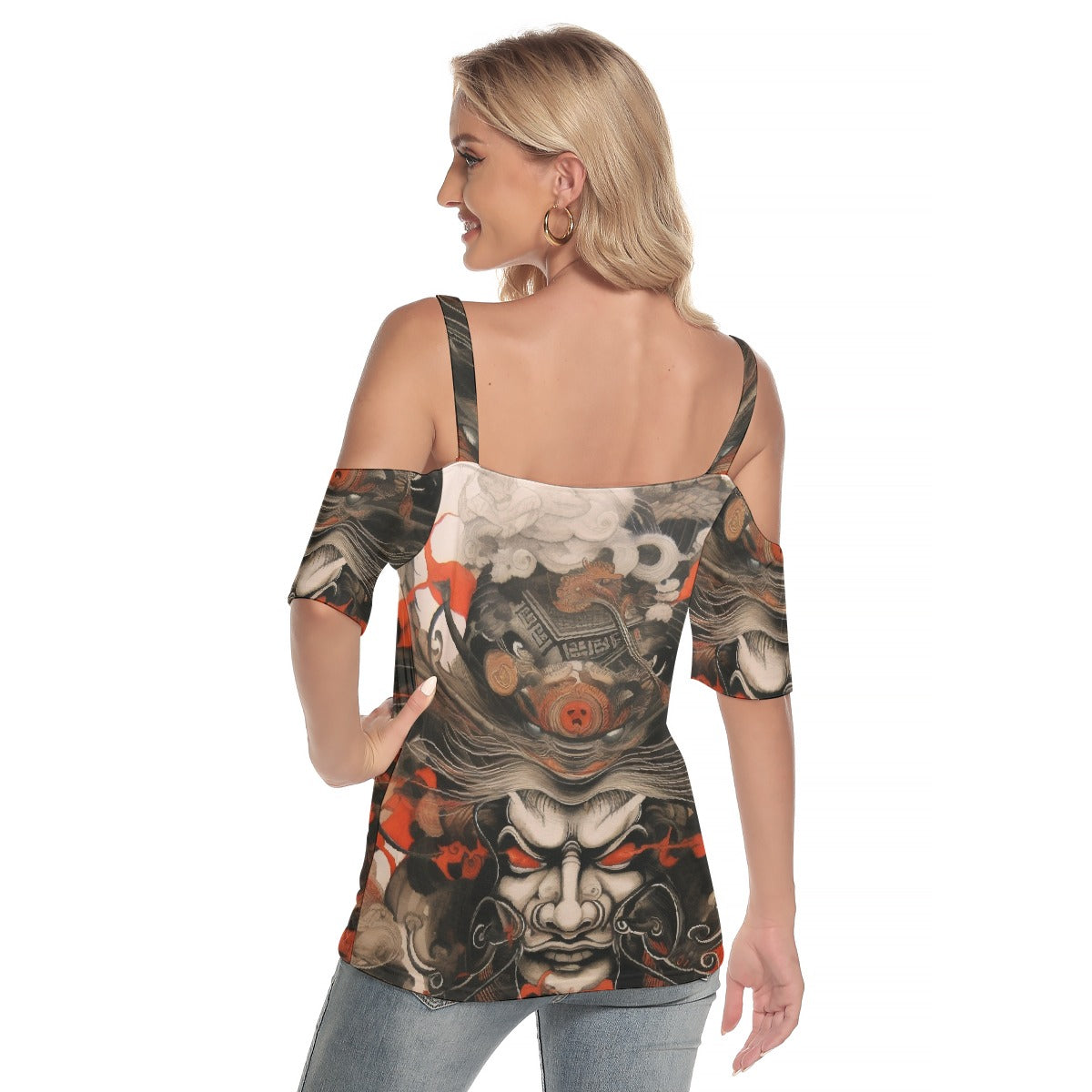 All-Over Print Women's Cold Shoulder T-shirt With Criss Cross Strips