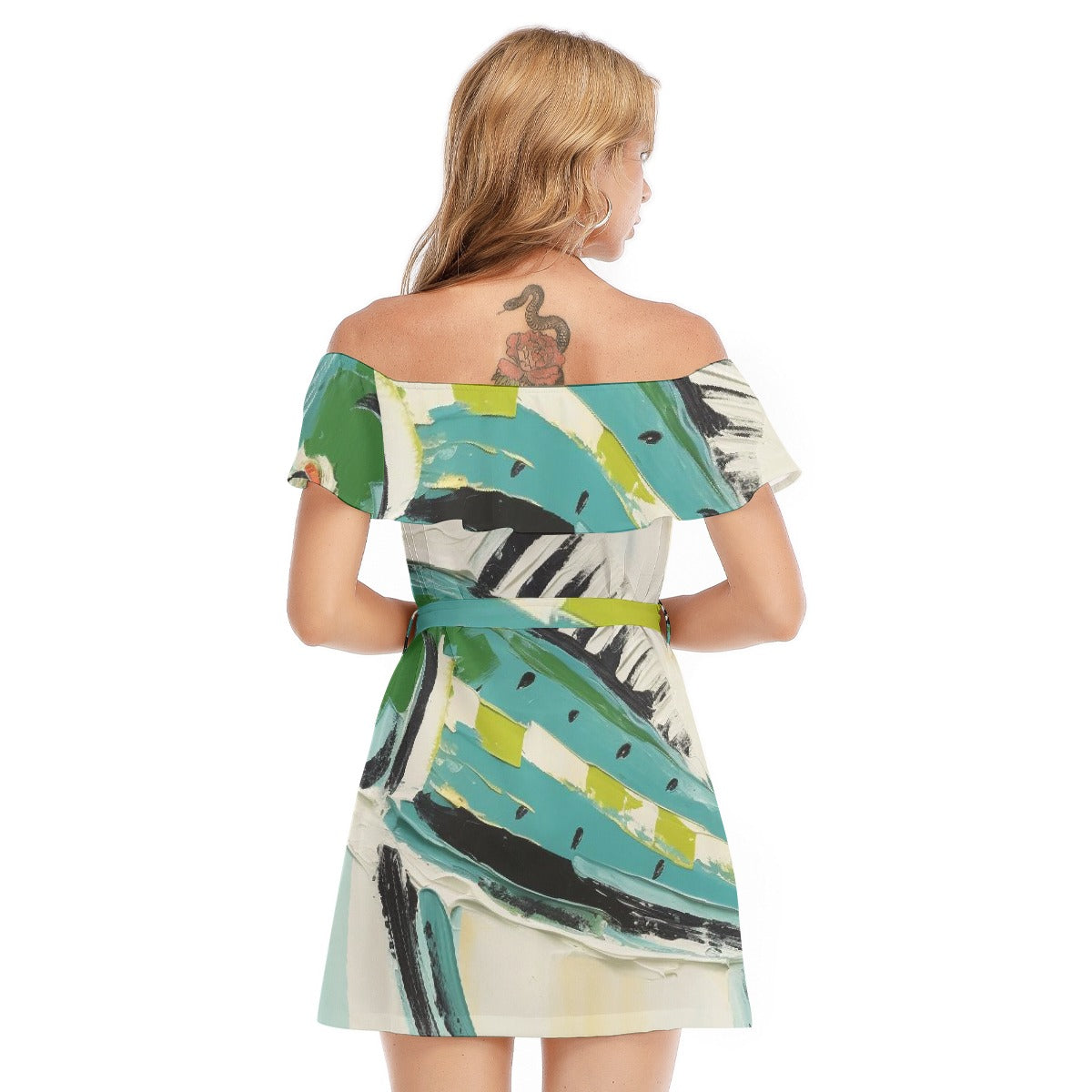 All-Over Print Women's Off-shoulder Dress With Ruffle