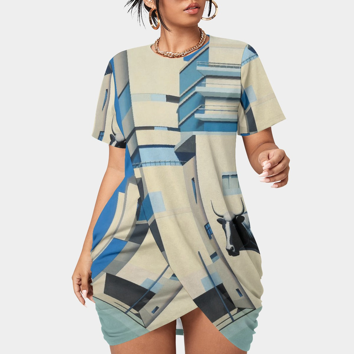 All-Over Print Women’s Stacked Hem Dress With Short Sleeve（Plus Size）