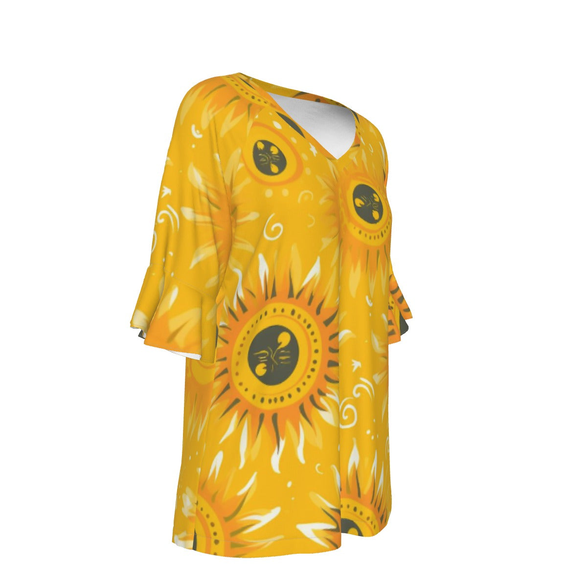 All-Over Print V-neck Women's T-shirt With Bell Sleeve