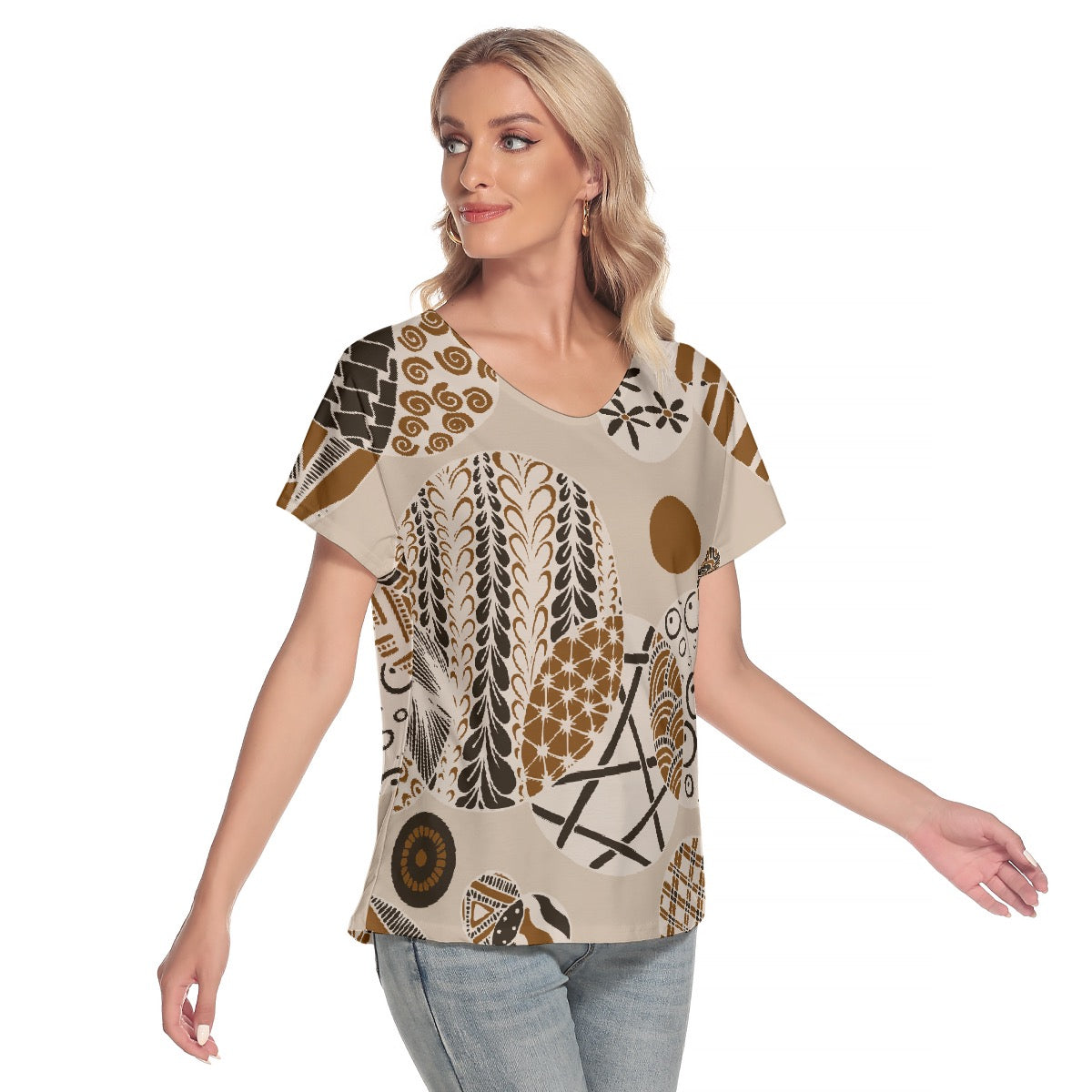 All-Over Print Women's Loose V-neck Short Sleeve T-shirt