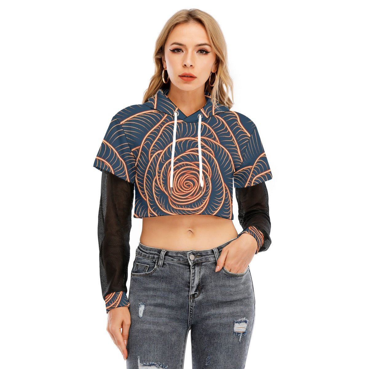 All-Over Print Women's Fake Two-piece Mesh Sleeve Cropped Hoodie