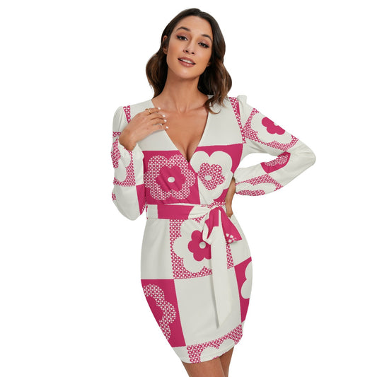 All-Over Print Women's Long Sleeve Dress With Waist Belt