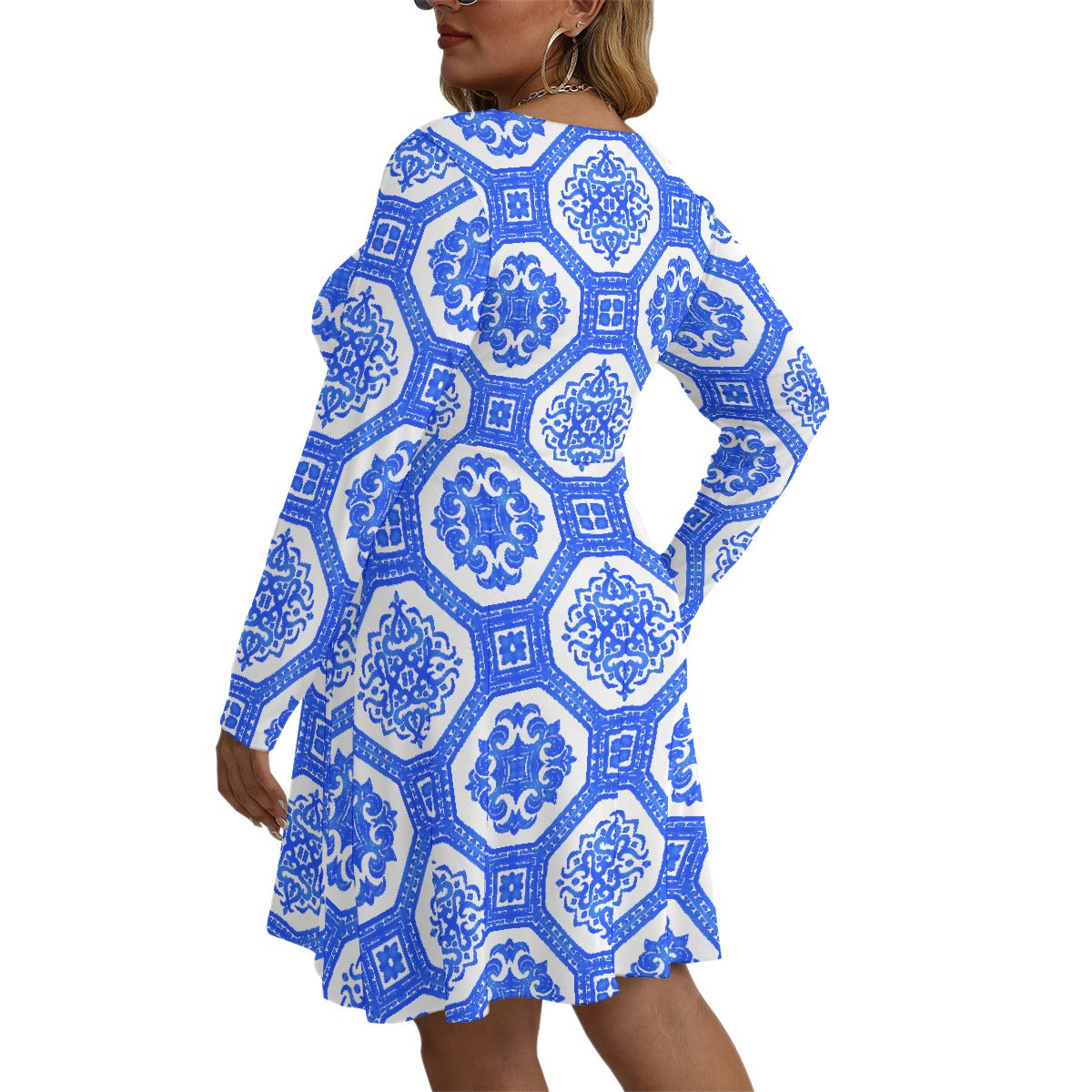 All-Over Print Women's V-neck Long Sleeve Dress(Plus Size)