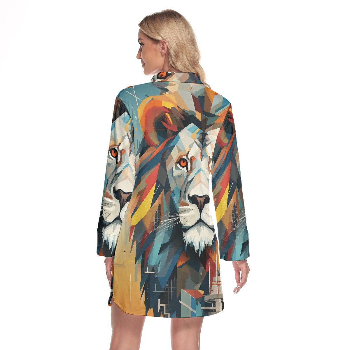 All-Over Print Women's Lapel Shirt Dress With Long Sleeve