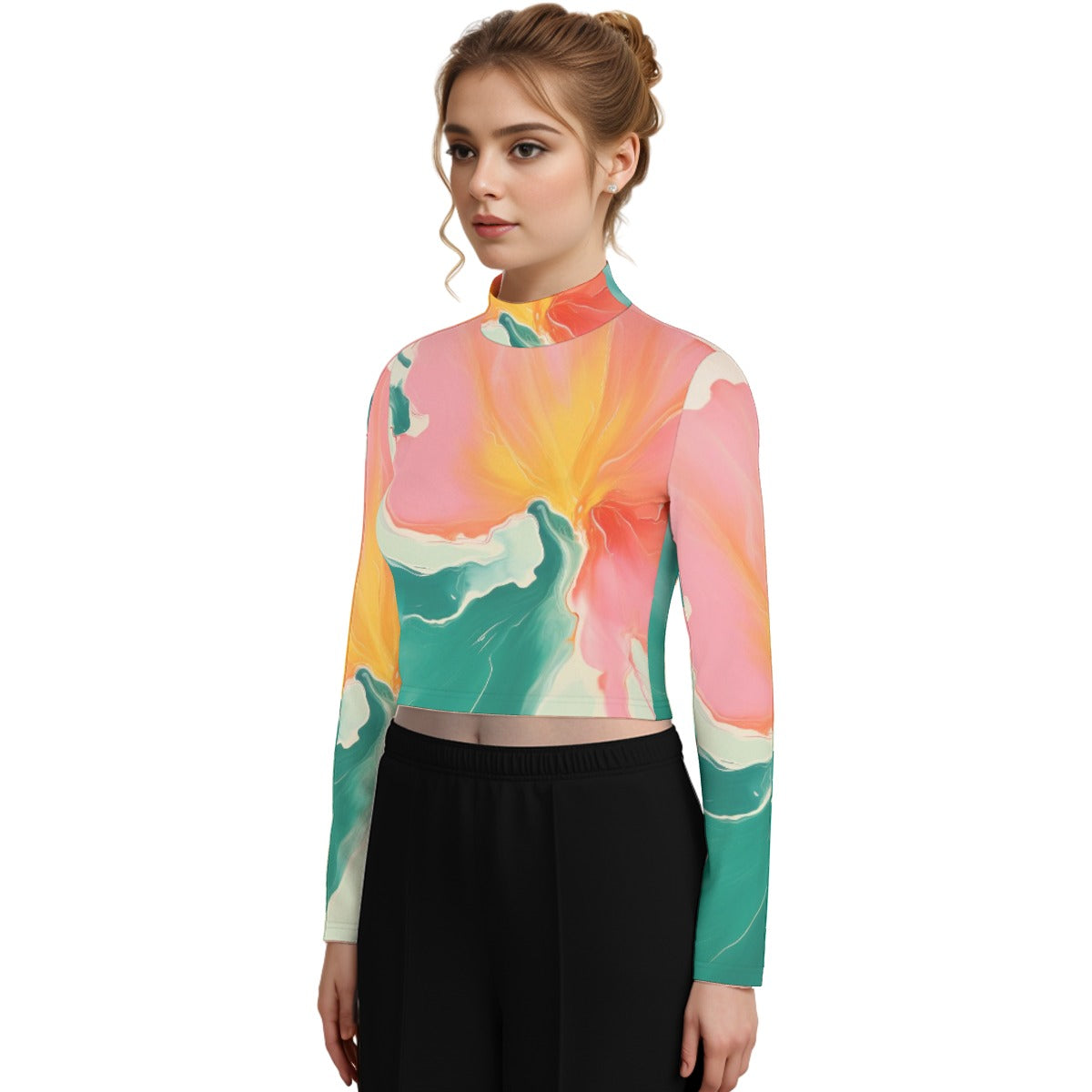 Eco-Friendly All-Over Print Women's Turtleneck T-shirt With Long Sleeve