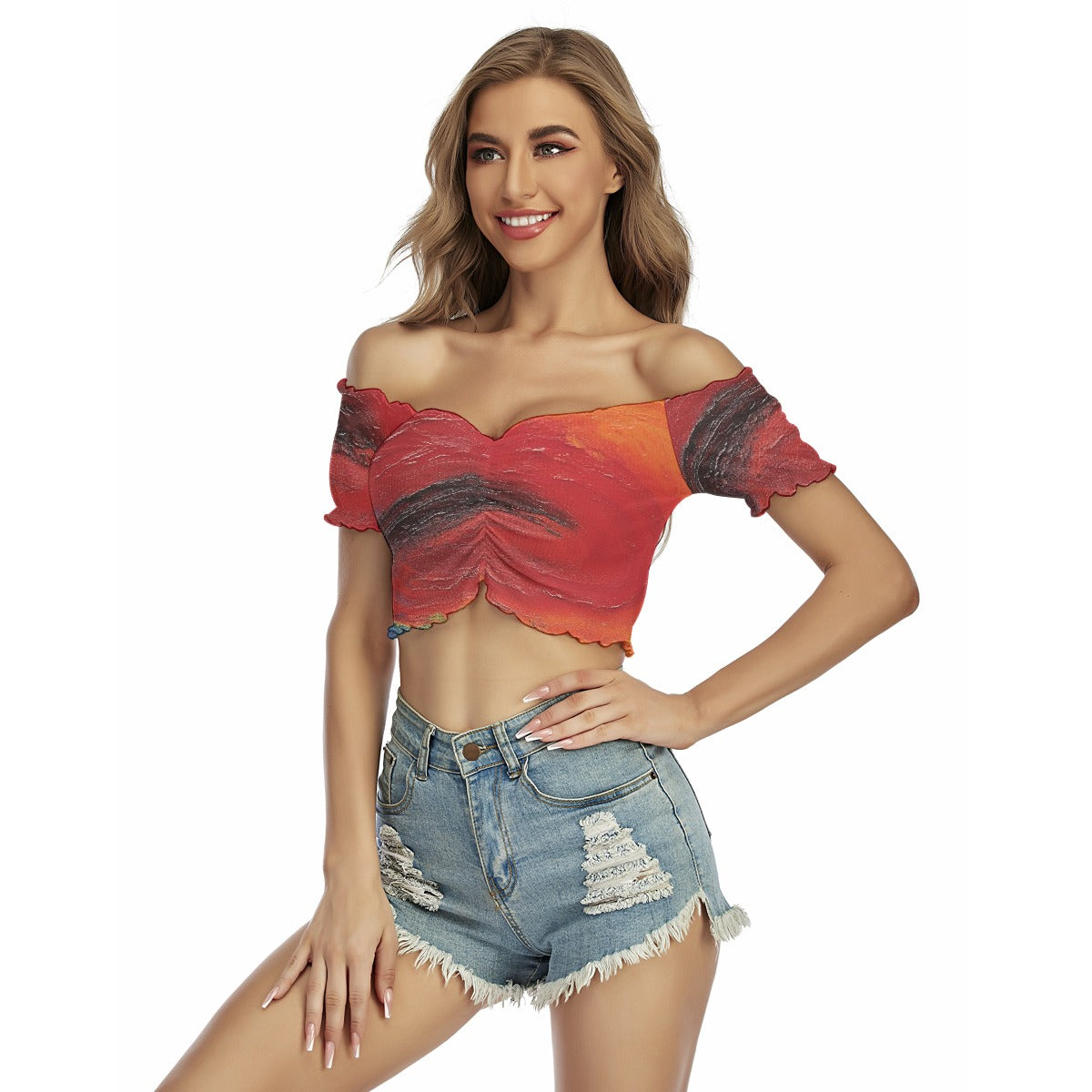 All-Over Print Women's One-shoulder Off-the-navel Short Sleeve T-shirt