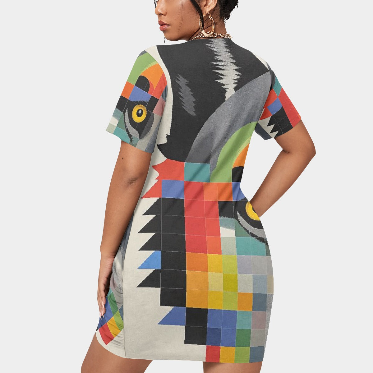 All-Over Print Women’s Stacked Hem Dress With Short Sleeve（Plus Size）