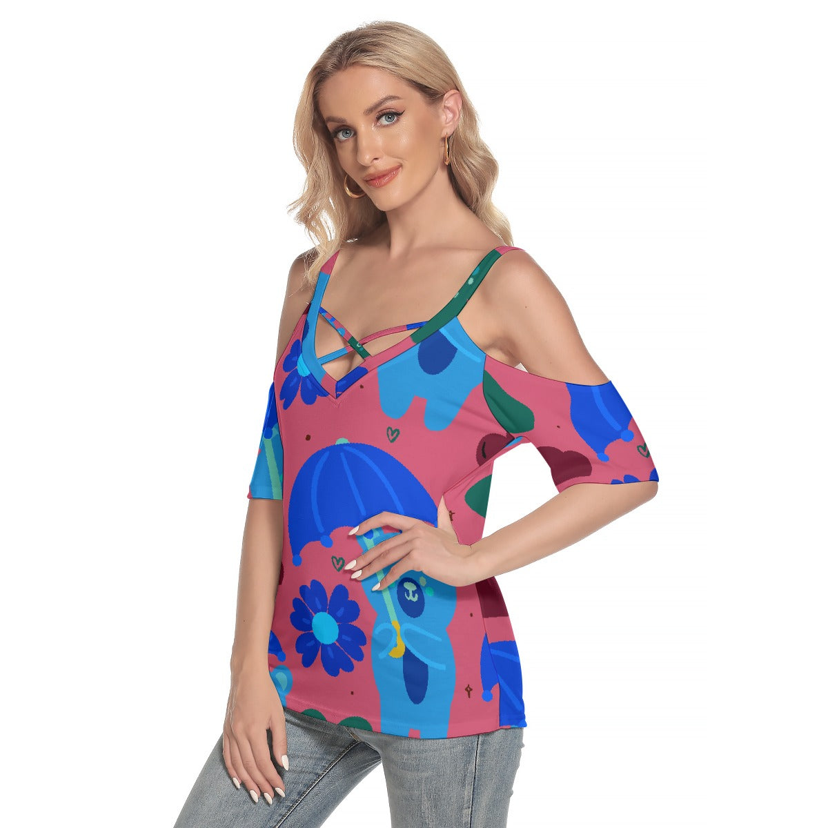 All-Over Print Women's Cold Shoulder T-shirt With Criss Cross Strips