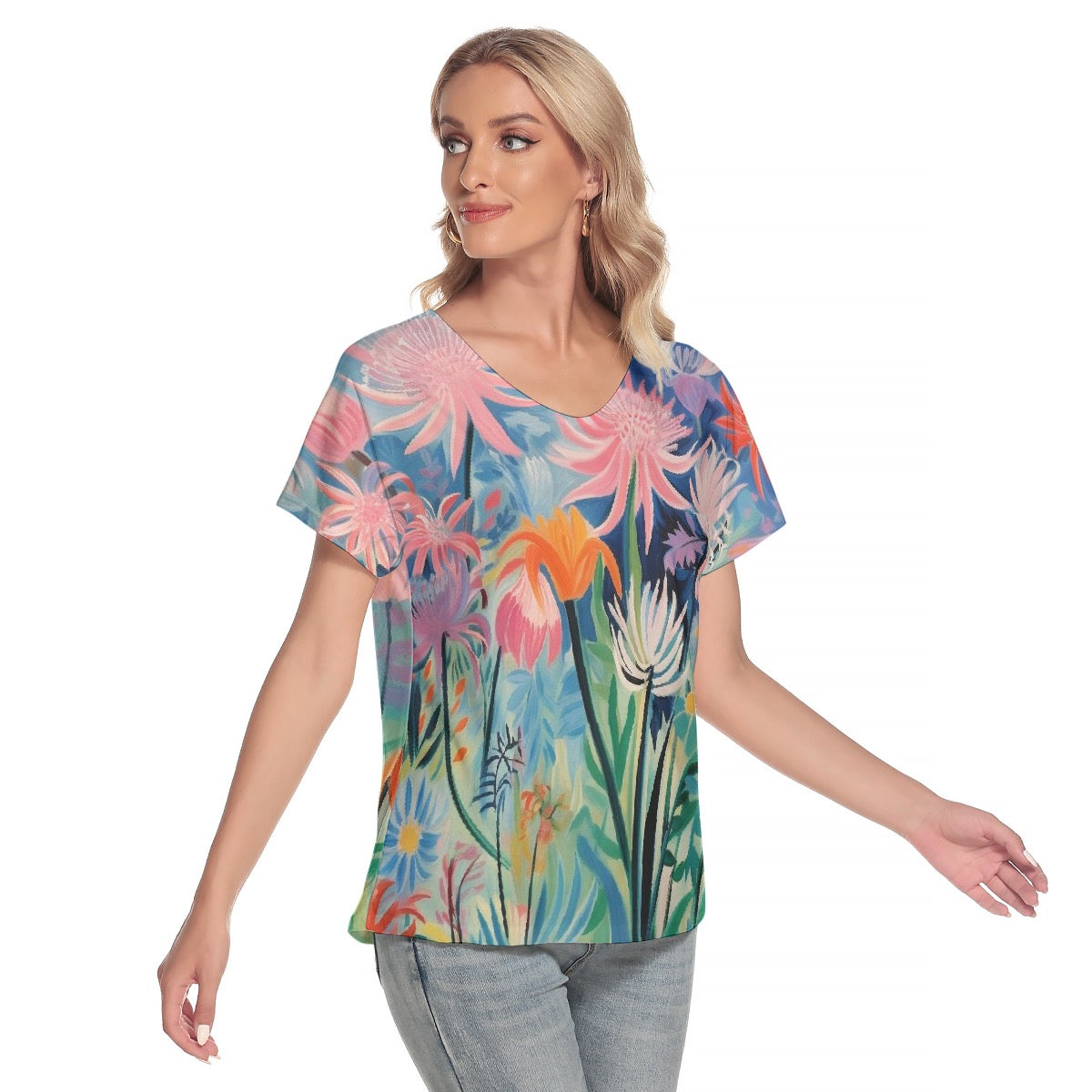 All-Over Print Women's Loose V-neck Short Sleeve T-shirt