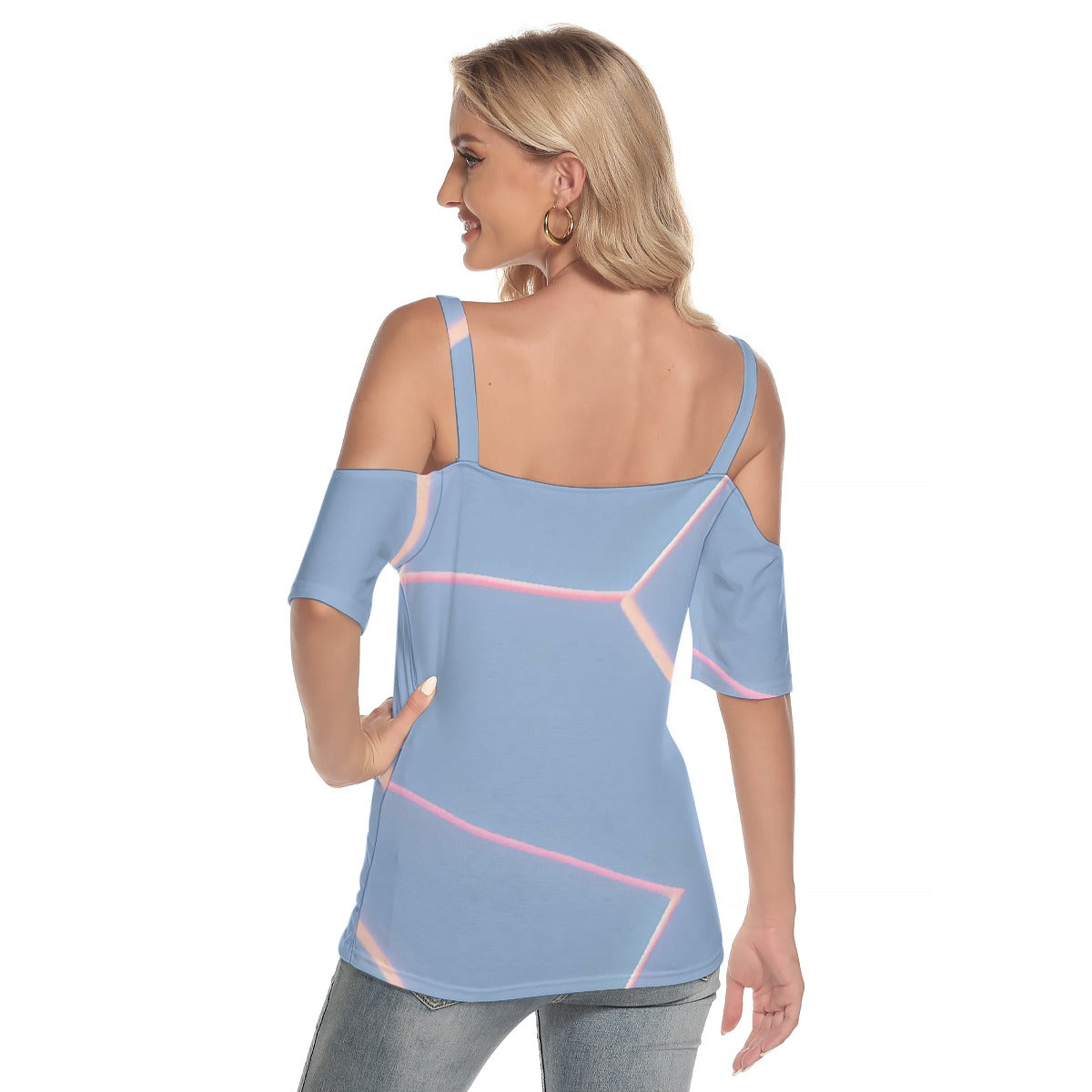 All-Over Print Women's Cold Shoulder T-shirt With Criss Cross Strips