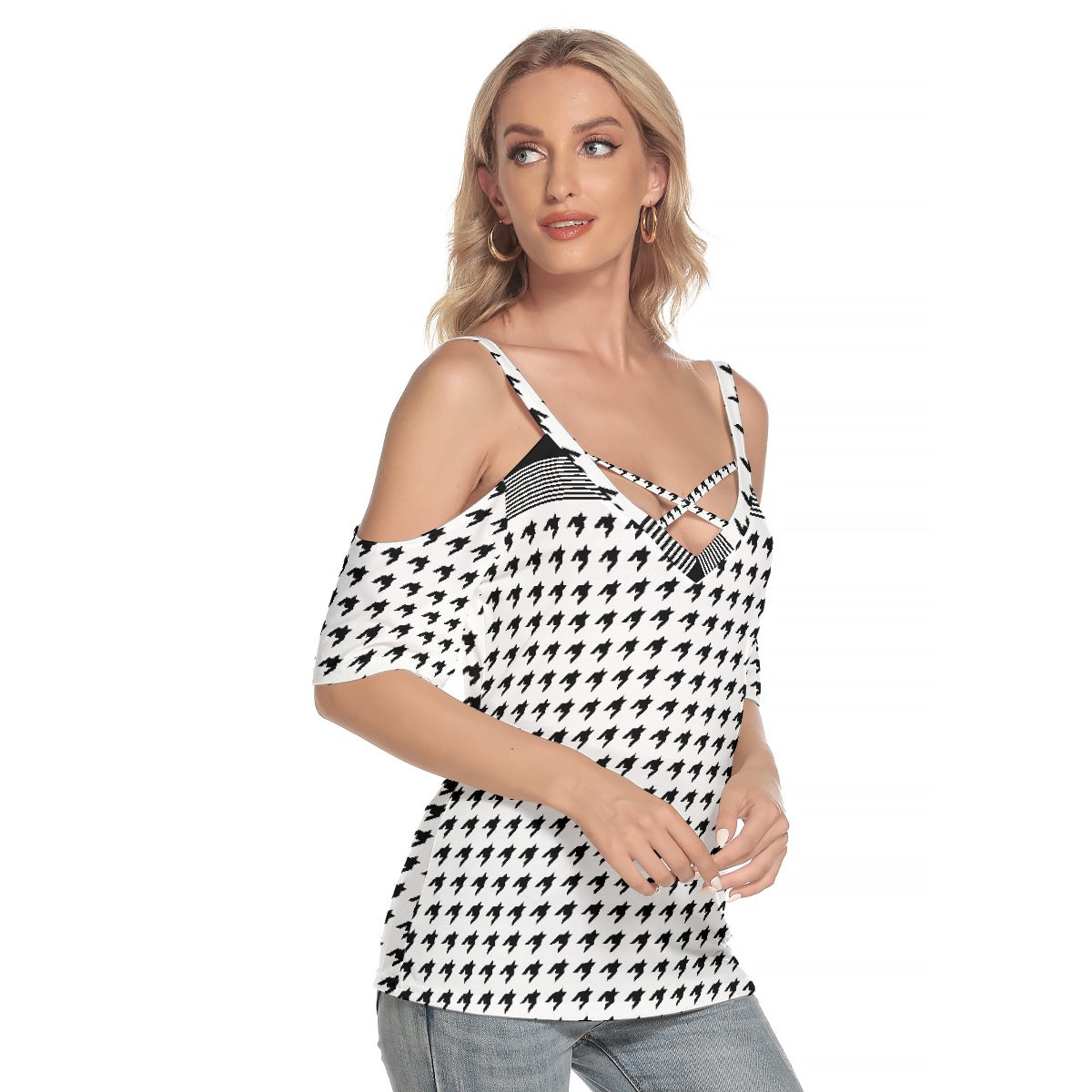 All-Over Print Women's Cold Shoulder T-shirt With Criss Cross Strips