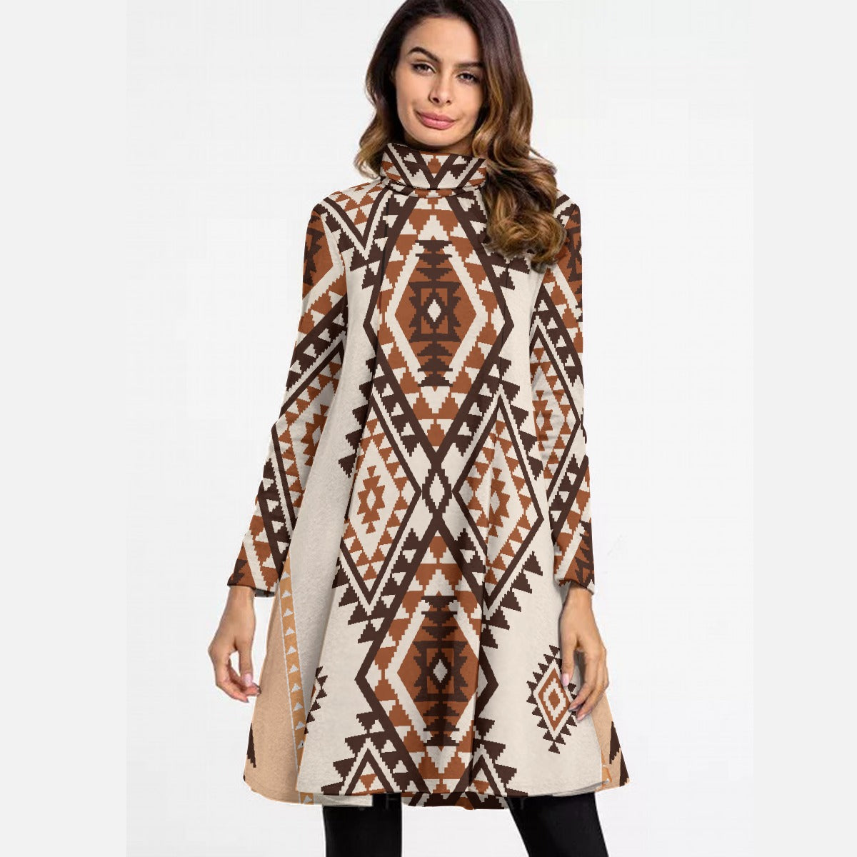 All-Over Print Women's High Neck Dress With Long Sleeve