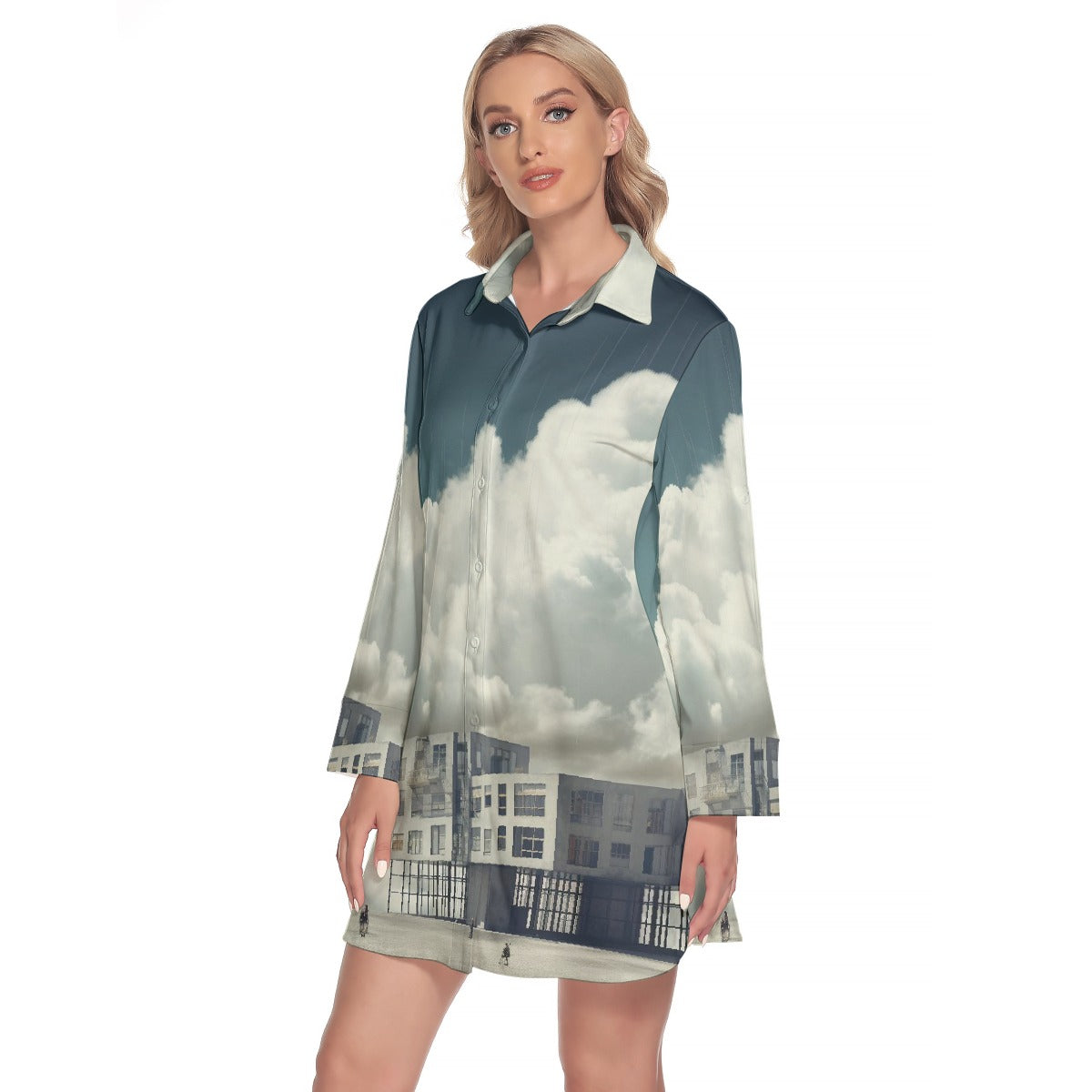 All-Over Print Women's Lapel Shirt Dress With Long Sleeve