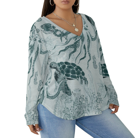 All-Over Print Women's V-neck T-shirt With Curved Hem(Plus Size)