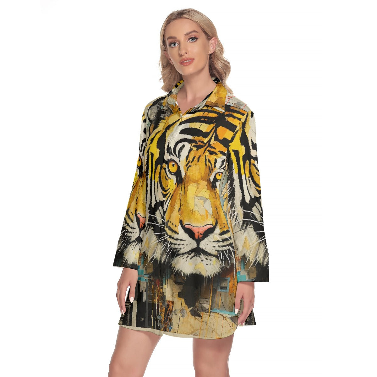 All-Over Print Women's Lapel Shirt Dress With Long Sleeve