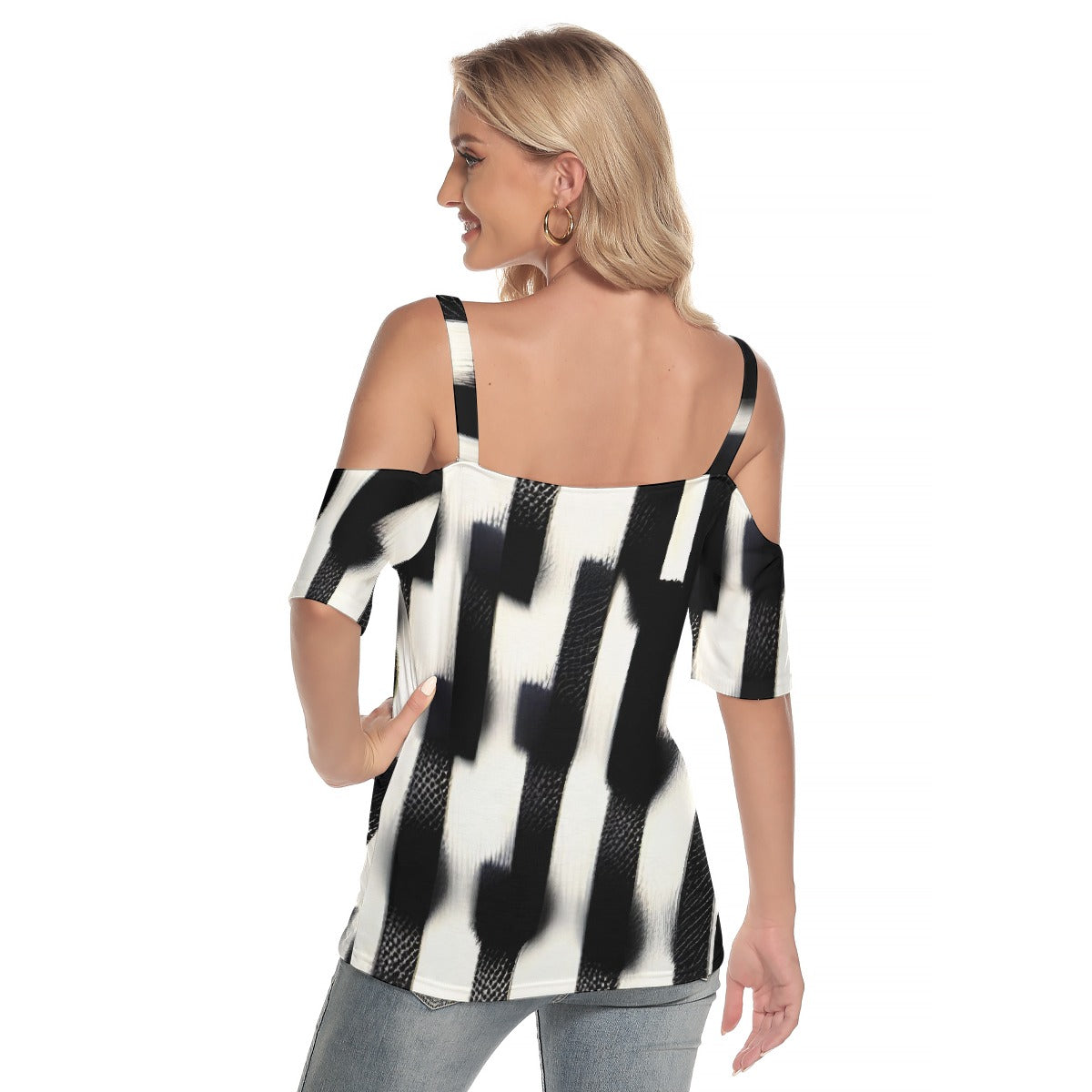 All-Over Print Women's Cold Shoulder T-shirt With Criss Cross Strips