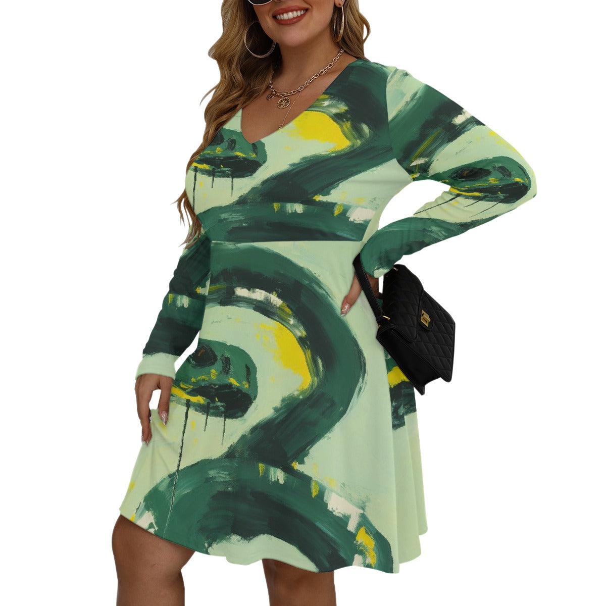 All-Over Print Women's V-neck Long Sleeve Dress(Plus Size)