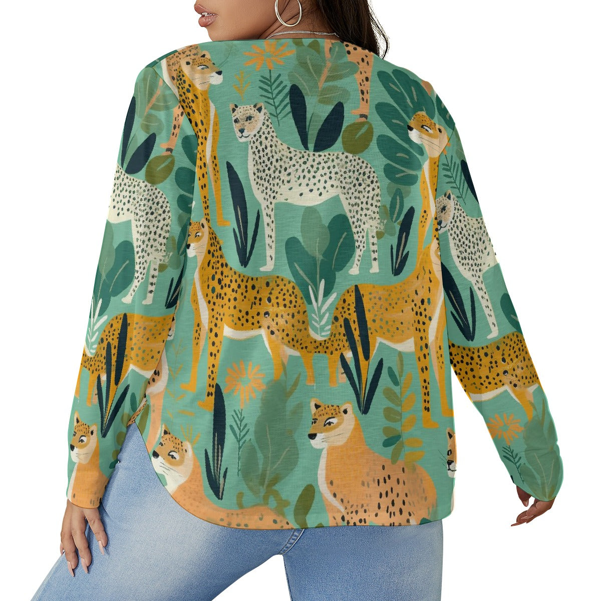 All-Over Print Women's V-neck T-shirt With Curved Hem(Plus Size)