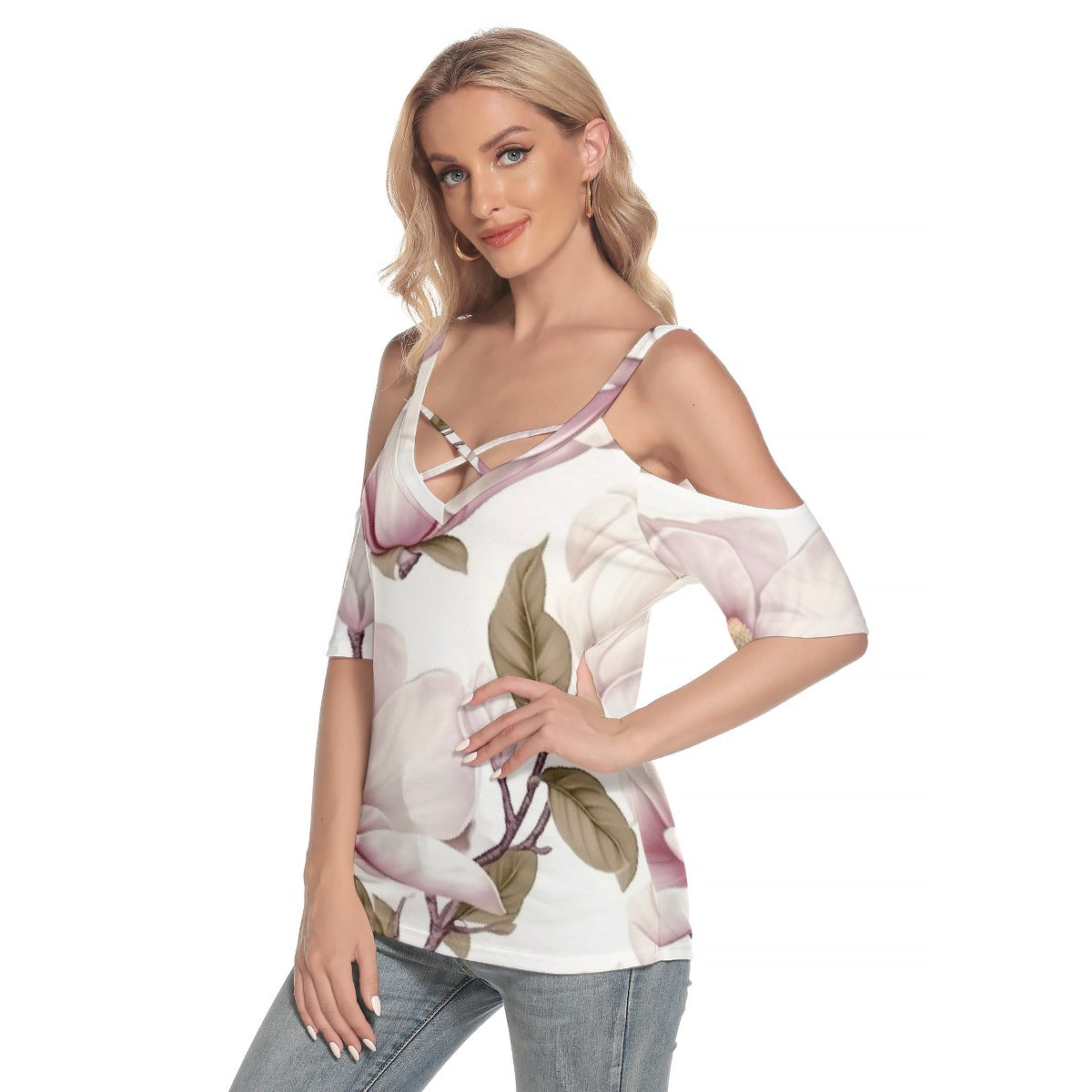 All-Over Print Women's Cold Shoulder T-shirt With Criss Cross Strips