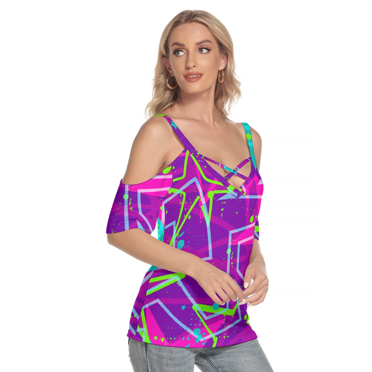 All-Over Print Women's Cold Shoulder T-shirt With Criss Cross Strips